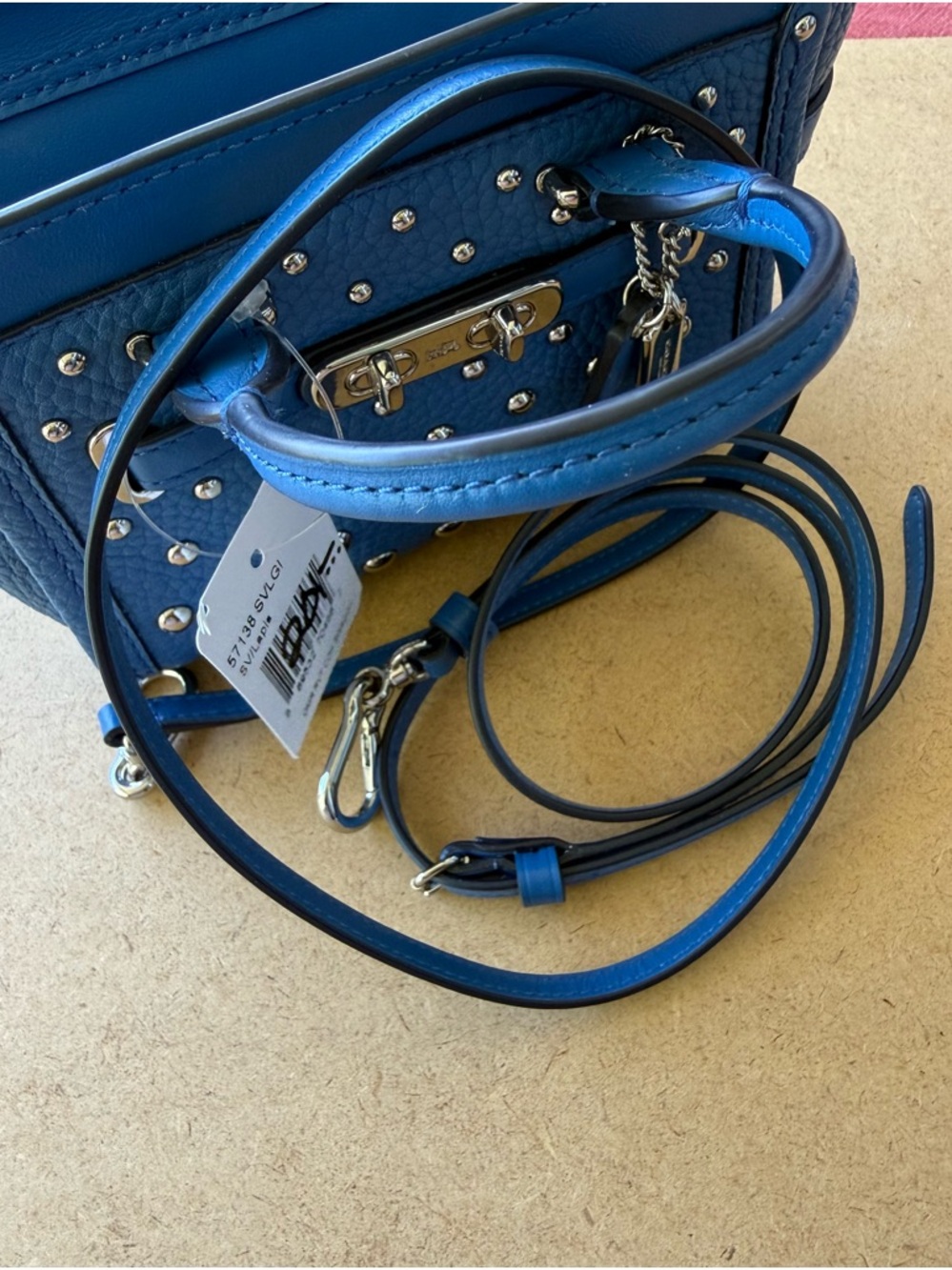 Coach Blue Studded Leather Rogue Satchel Silver Rivets NWT Crossbody Bag - Picture 7 of 15